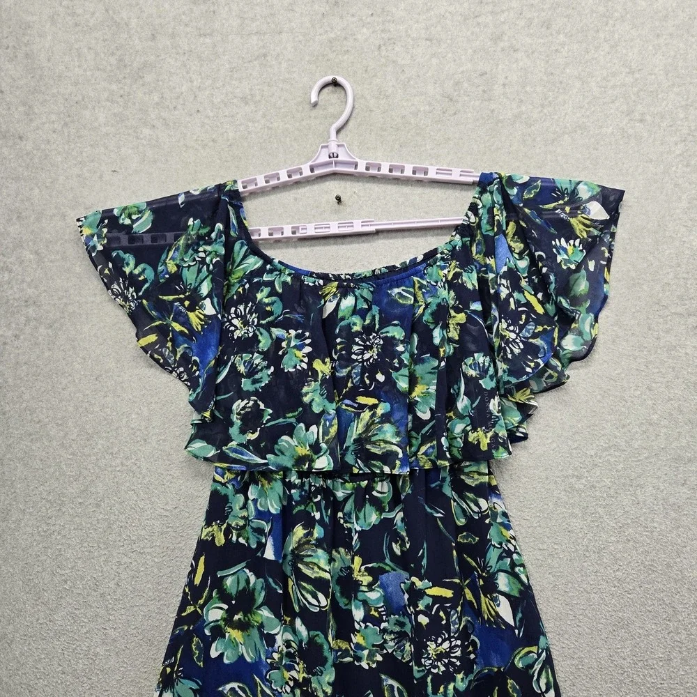 Donna‎ Morgan Women Dress 4 Navy Floral Maxi Milkmaid Chiffon Cottagecore NWT